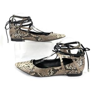 Schutz Leather Flats Beryl Pointed Toe White Tan Snakeskin Lace Up Strappy 10